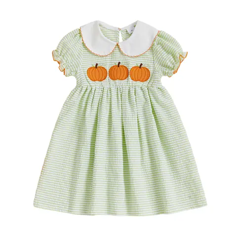 [Lullaby 3-Day Arrival] Little Girls' Halloween A-line Dress - Short Sleeve, Doll Collar, Pumpkin Embroidery, Short Length, Elastane Fabric, Sizes 3-4y, 4-5y, 53 cm Length Note: Slight Color Difference Acceptable
