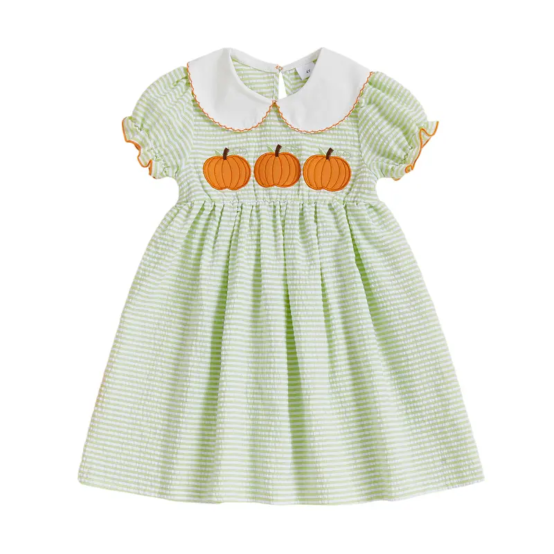 [Lullaby 3-Day Arrival] Little Girls' Halloween A-line Dress - Short Sleeve, Doll Collar, Pumpkin Embroidery, Short Length, Elastane Fabric, Sizes 3-4y, 4-5y, 53 cm Length Note: Slight Color Difference Acceptable