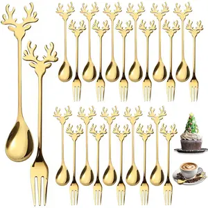 24 Pcs Reindeer Shaped Mini Dessert Spoon Fork Set, Cutlery, Tableware Kit, Cute Christmas Gift, Stainless Steel Coffee Tea Spoons Fruit Cake Fork, Festive Table Decor.