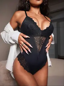 Women's Solid Color Lace Trim Crotchless Shapewear Bodysuit, Sexy Comfy Breathable Deep V Neck Shaper, Tummy Control Shapewear for Daily Wear, Hot Lace Bodysuit