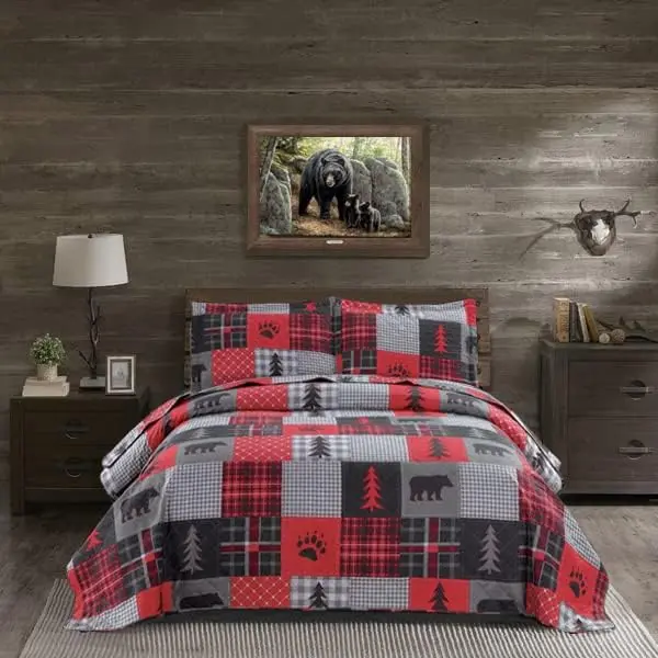 Size Quilt Set Rustic Quilt Bedding  Quilt Bed Spread Coverlet Plaid Quilts Red Black Patchwork Bedding Country Lodge Cabin Bear Quilts Lightweight Reversible  Quilt with 2 Pillow Shams