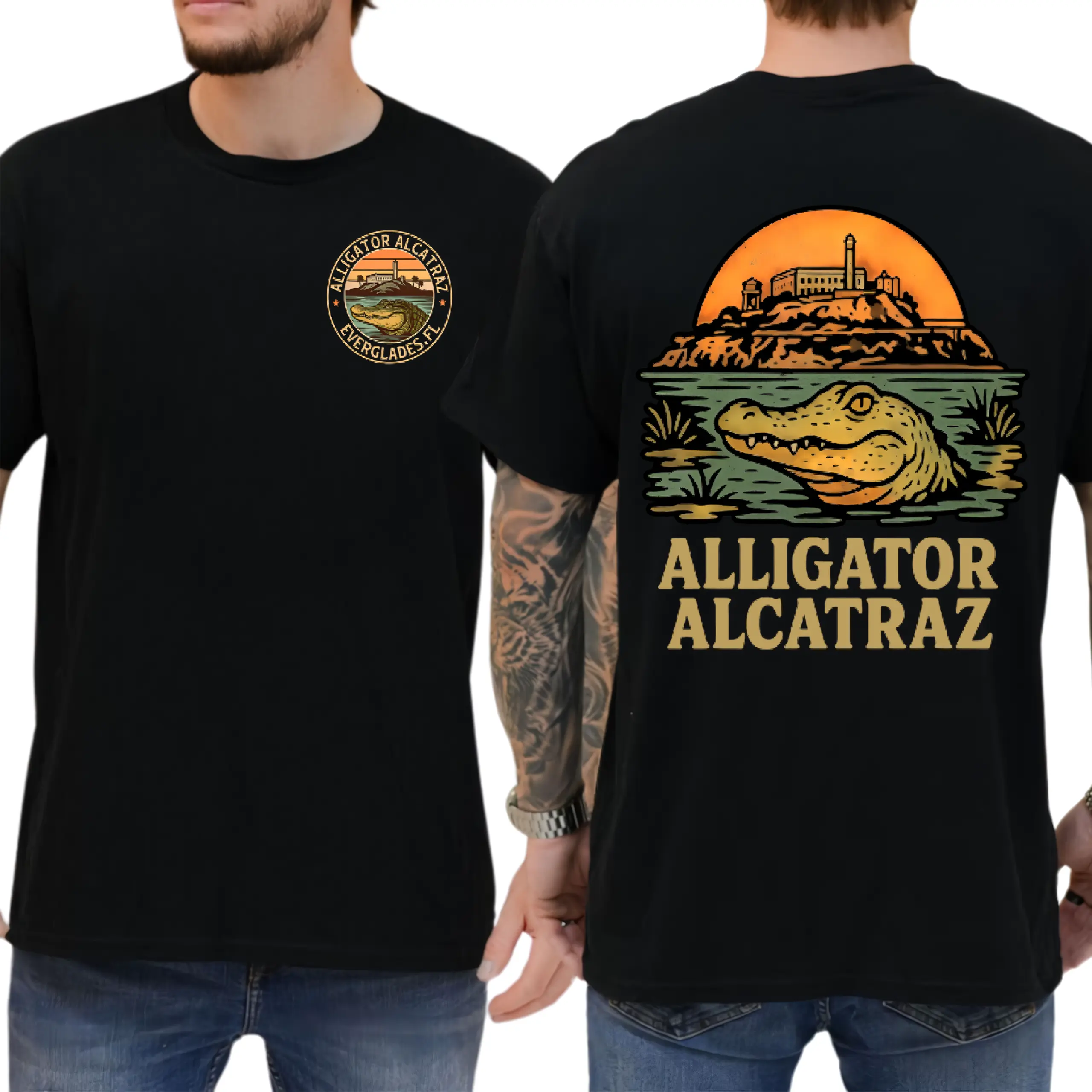Shortsleeve Round Neck Alligator Alcatraz Graphic Tee - Funny Retro Florida Gator Prison Shirt, Dark Humor Menswear Gift for Men