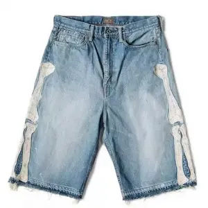 Men’s denim shorts with skull embroidery, vintage washed finish, raw hem, loose street-style design #SummerVibes #Father’sDayGift 	