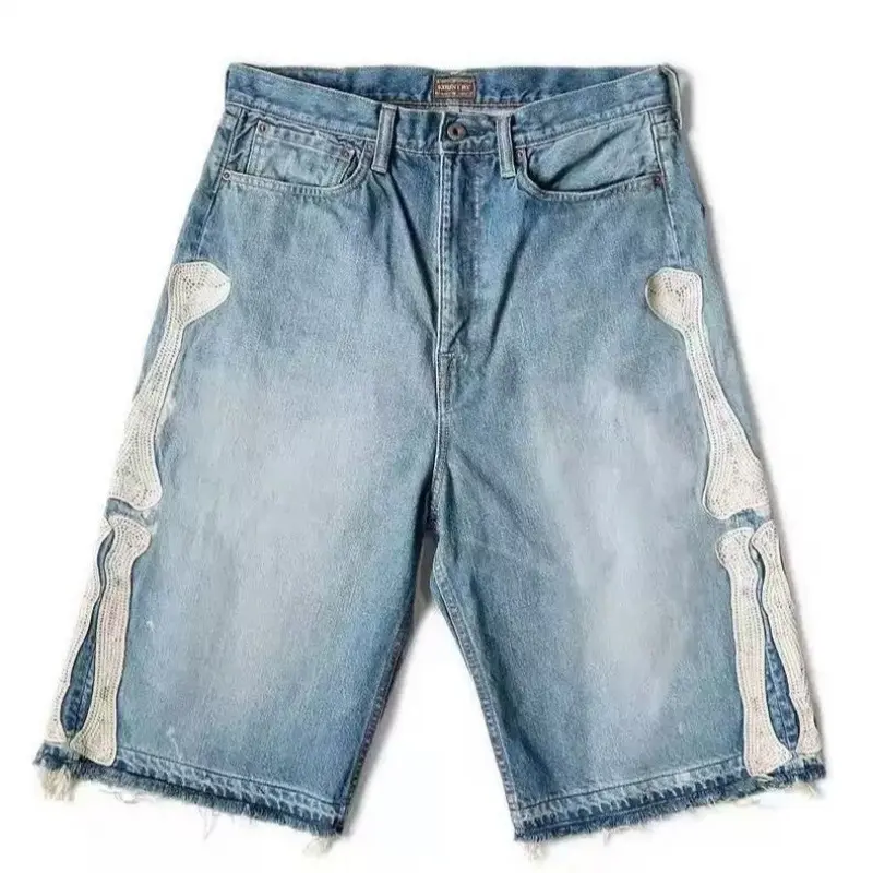 Men's Embroidered Denim Shorts, Stylish Vintage Streetwear with Skull Detail, Casual Loose Fit with Raw Hem