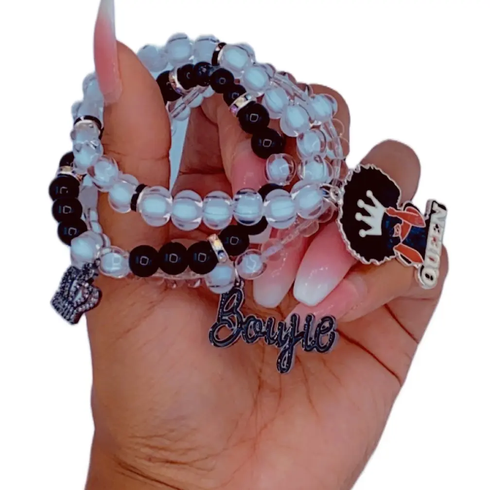 Charm Stack Queen Beaded Bracelets - Beaded Design with Black and Light Blue Beads, Featuring Decorative Charms and "Bougie" Text