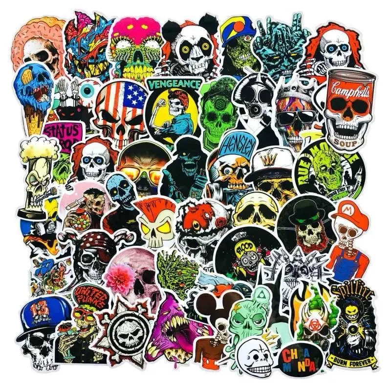 50 pack of skulls, skeleton and horror themed stickers and decals. Waterproof and no duplicates