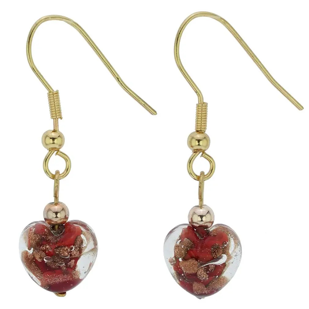 Women's Handmade Murano Glass Heart Earrings - Small, Red Sparkles, Heart Shape, Ideal Gifts for Female Fashion Accessories Enthusiasts, Romantic