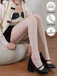 New French Vintage Floral Mesh Stockings, High Stretch Vertical Stripe Pantyhose for Women, Boho Style, Unique Design