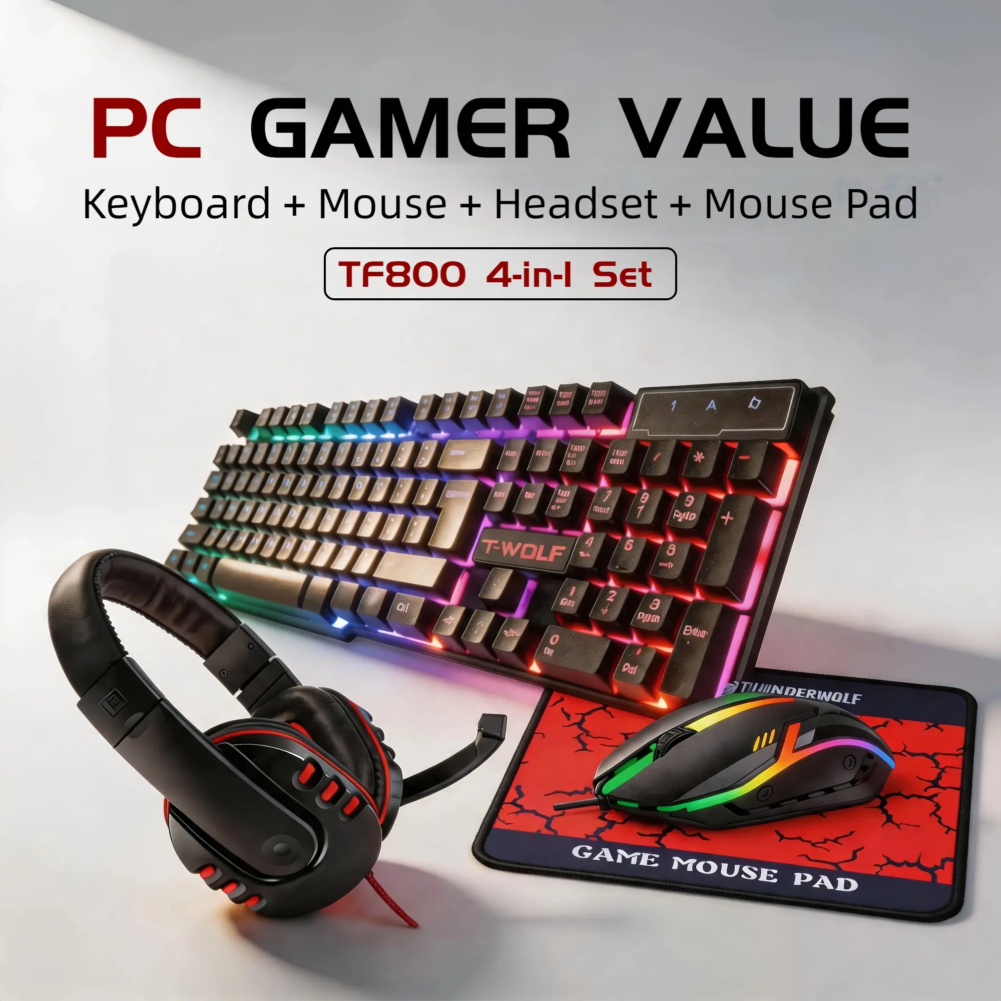 TF800 Back to School Gaming Setup  4-in-1 Gaming Starter Kit with RGB Backlit Keyboard, Wired Mouse, Headset with Mic & Mouse Pad, Complete PC Gaming Bundle, Gamer Gift for Teens, Students & Beginners