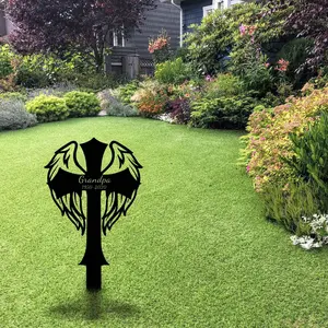 Custom Memorial Cross With Wings Metal Stake, Memorial Garden Decor, Personalized Angel Cross Signs, Outdoor Grave Markers, Sympathy Gift