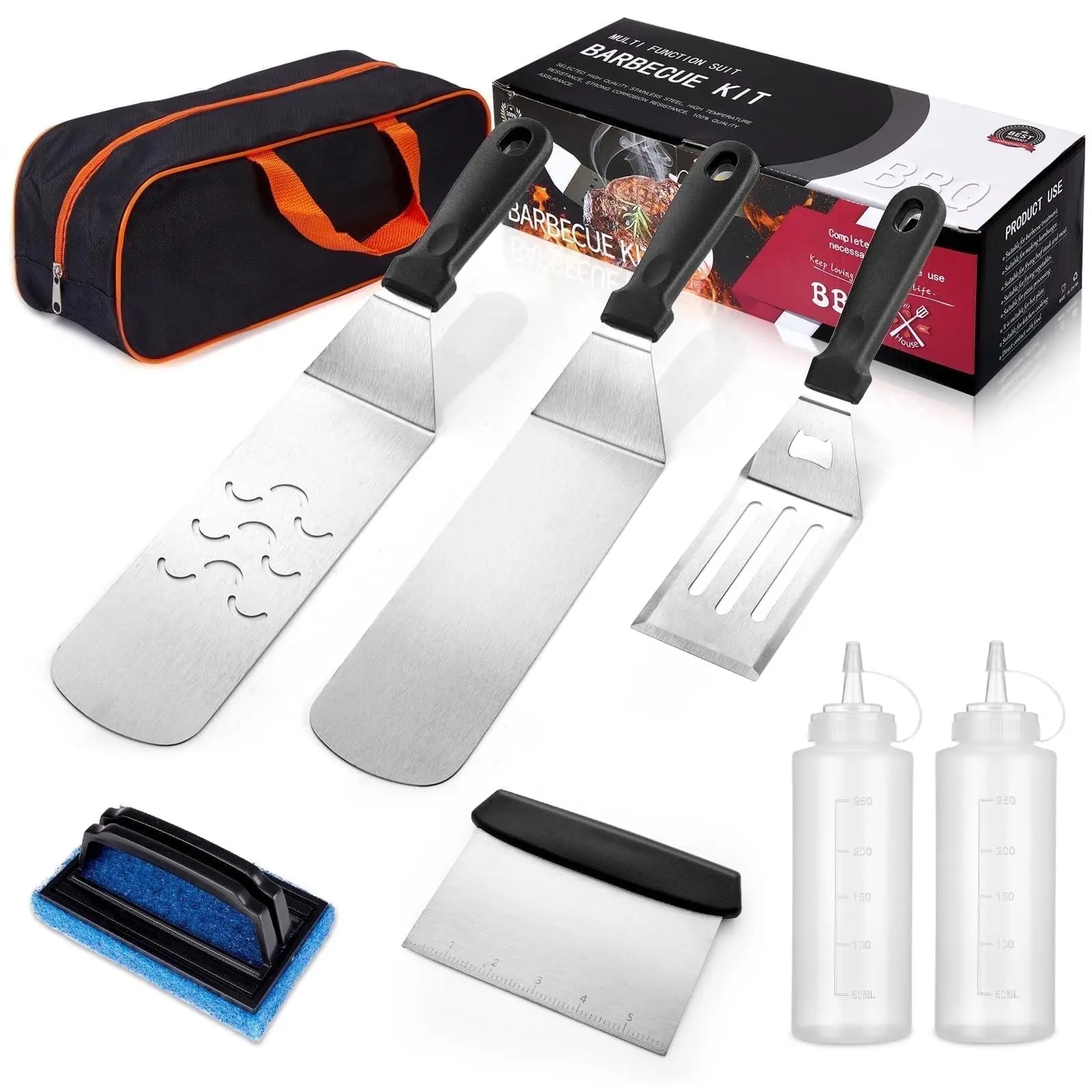 8PCS Griddle Accessories Kit for Blackstone, Camp Chef & Flat Top Grill – Stainless Steel BBQ Tool Set with 2 Long Spatulas, Grill Scraper, Chopper, Cleaning Brush, 2 Squeeze Bottles & Storage Bag