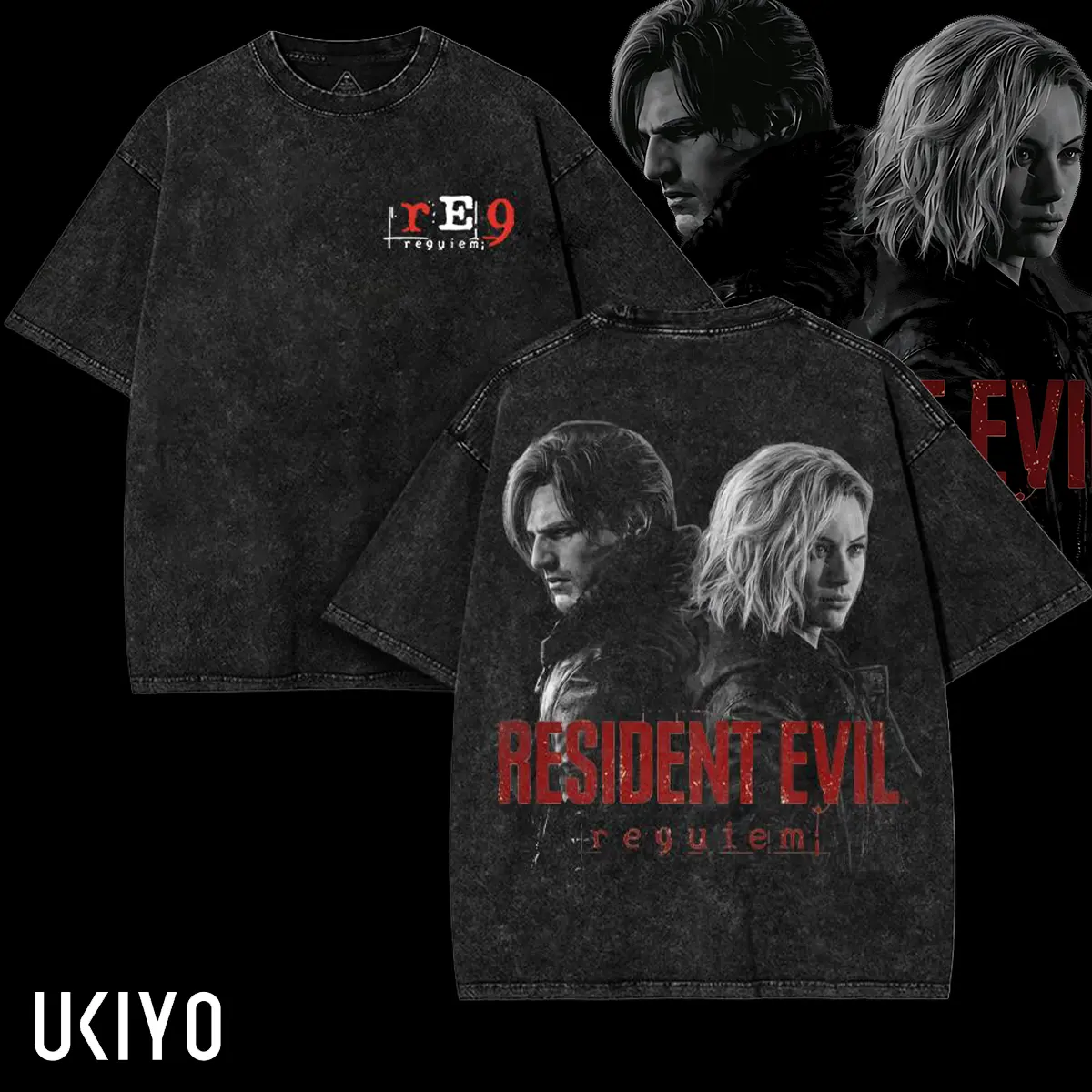 Resident Evil Re9 Remake v1 T-Shirt Leon & Grace Ashcroft, Vintage Acid Wash Apparel, Survival Horror Game Merch, Gold Poster Pullover, Unisex Cotton Top