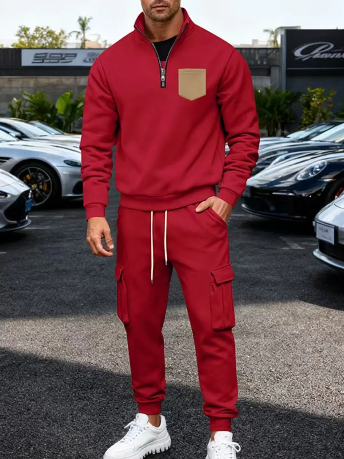 Men's New style Autumn Winter Streetwear  Casual  Tracksuit - 2 Piece Set (Contrast Half-Zip Sweatshirt + Cargo Pants), Warm Retro Casual Outfit Comfortable, warm and windproof. -  Warm Casual Outfit for Daily/Commute/Outdoor Casual Sportswear