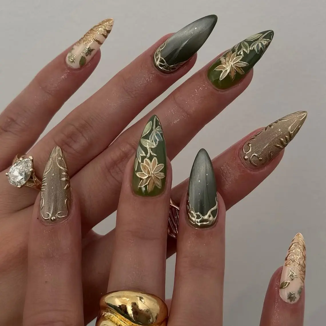 Olive Garden Almond Press On Nails | Olive Green & Gold Nail Art | Handpainted Floral Nature Nails | Elegant Matte 3D Nails