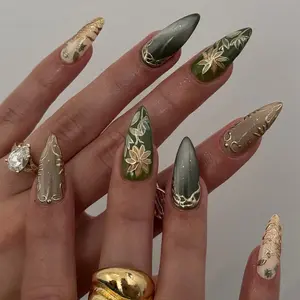 Olive Garden Almond Press On Nails | Olive Green & Gold Nail Art | Handpainted Floral Nature Nails | Elegant Matte 3D Nails