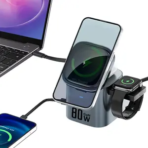 Ozovphy 6-in-1 Foldable 80W GaN Wireless Fast Charging Station for iPhone 17/16/15/14 Pro Max/13/12/11, AirPods, Watch, Smartphone, Cellphone, Mobile Electronic Devices - Desktop Portable Magnetic Dock with USB-C Port & 65cm Retractable Cable