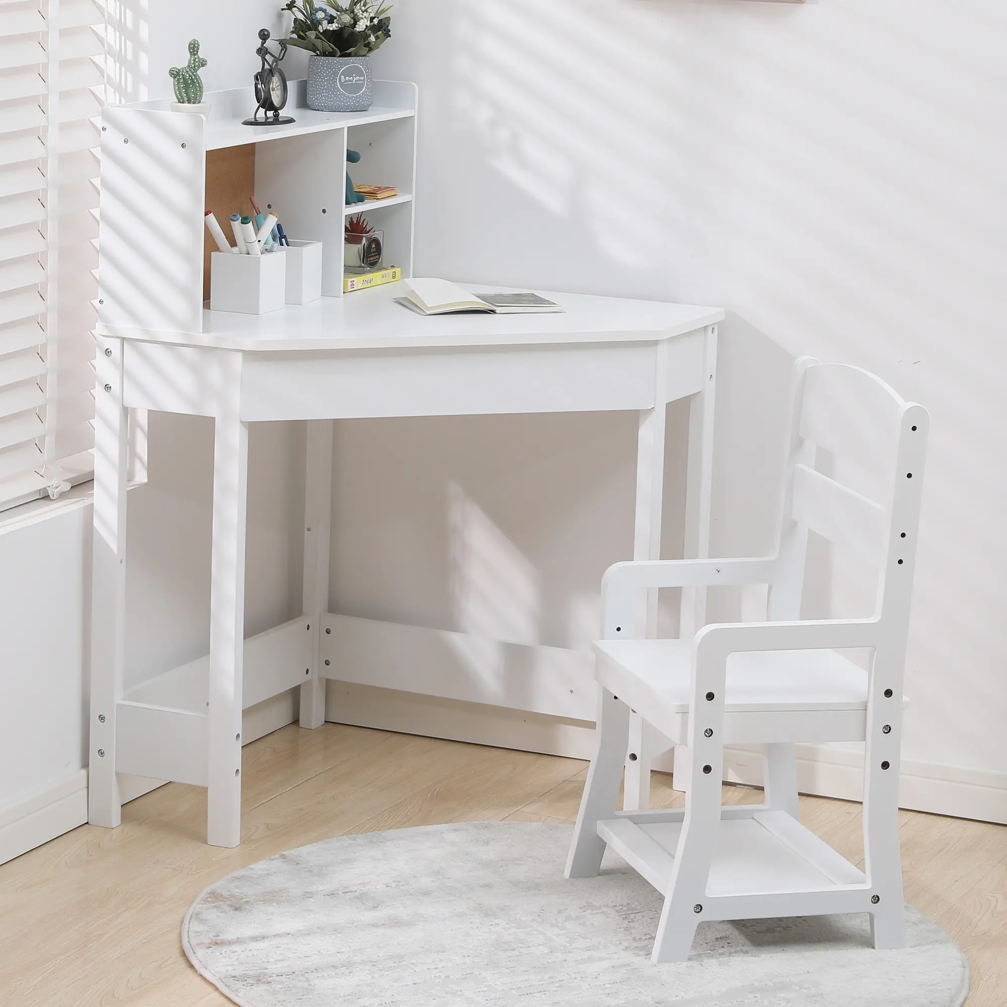 Kids Study Desk and Chair Set, White Corner Table with Adjustable Chair, Hutch, Cork Bulletic Board, Pen Holders, Small Art Table Homework Table Set for Children for Home School