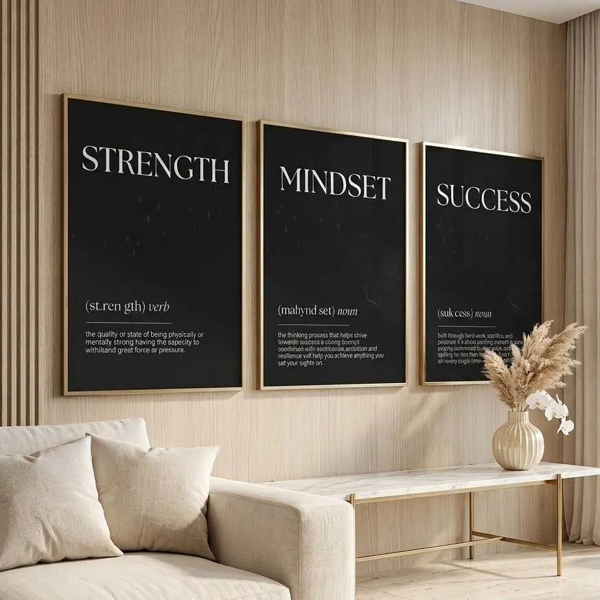 3-Piece Motivational Wall Definition Art Prints for Men - Masculine Gym, Office Home Decor Black Poster Prints