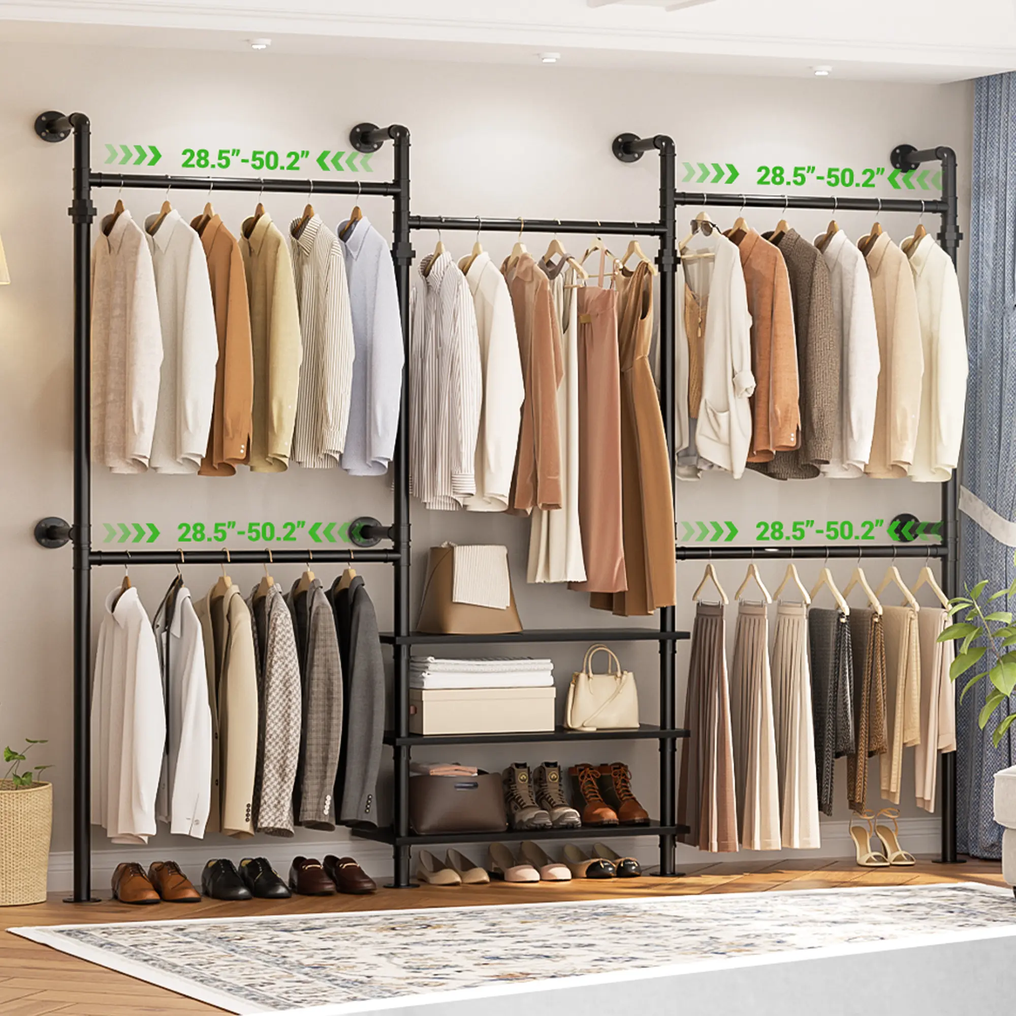Industrial Pipe Garment Rack with Expandable Hanging Rods and Shelves, Reversible Walk-in Closet Organizer System Clothing Rack for Hanging Clothes,