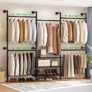 Industrial Pipe Garment Rack with Expandable Hanging Rods and Shelves, Reversible Walk-in Closet Organizer System Clothing Rack for Hanging Clothes,