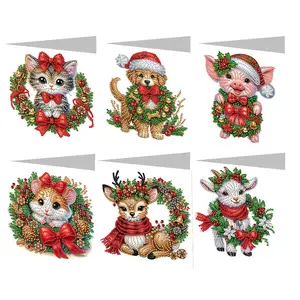 6-Piece Diamond Painting Greeting Cards Set, Christmas Animal Designs, Perfect for Holidays, Birthdays, Mother's Day & Thanksgiving, DIY Card Set