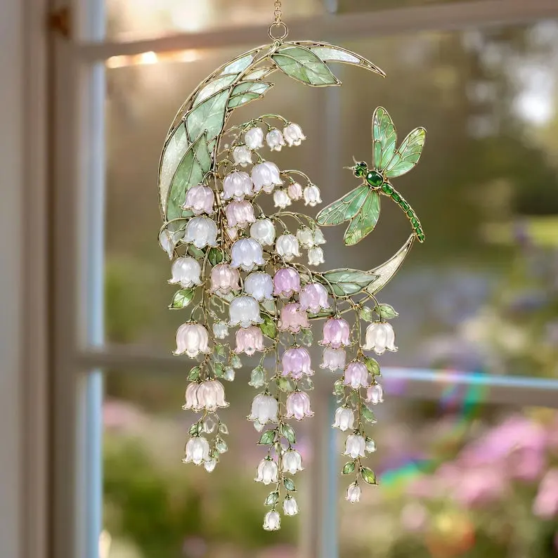 Lily of the Valley Moon Acrylic Suncatcher - Hanging Floral Crescent Window Decor, Dragonfly Garden Ornament, Whimsical Spring Light Catcher Gift