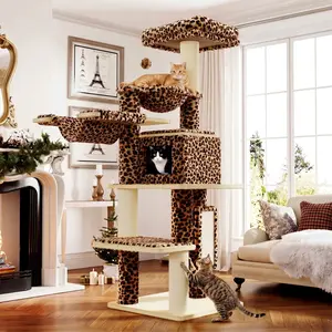 SHA CERLIN 77 Inch Multi Level Plush Cat Tree Tower with Detachable Washable Cushions Extra Thick Scratching Posts Anti Tip Safety Leopard and Cream White