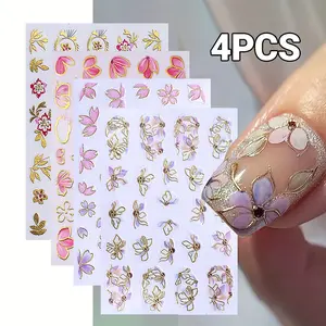 4PCS Self-Adhesive Floral Nail Stickers with Iridescent Glitter - Vibrant Blue & Red Designs for Women's Summer Manicure - Easy DIY Nail Art Decorations