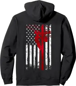 Lineman American Flag Electric Cable Lineman fathers day Pullover Hoodie, Utility Pole Climbing Back Print, Soft Cotton Blend T Shirt, Blue Collar Electrical Workwear for Men & Women, Gift for Linemen