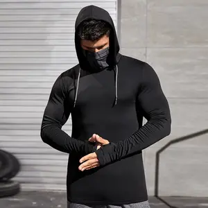 HOMUG Men's Printed Thumbhole Sports Vests, Men's Hooded Fitness Tops, Tight Long-Sleeved Straps, Sporty and Casual Long-Sleeved Breathable and Sweat-Wicking, Suitable for Spring and Summer Seasons