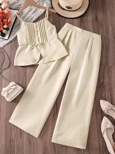 Girls Solid Color 2-Piece Set, Casual Outfit Set, Sleeveless Button Detail Ruffle Design Bow Accent Top with Elastic Waist Pants, Simple Comfort Style