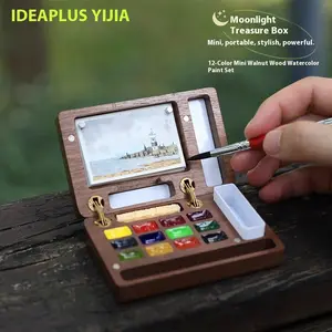 IDEAPLUS Moonlight Box 12 Color Mini Walnut Watercolor Set, Comes with Sketching Travel Notebook and Artist Color Palette, Christmas Gift, Gift to Object, Birthday Gift, Halloween Gift, Essential for School Travel