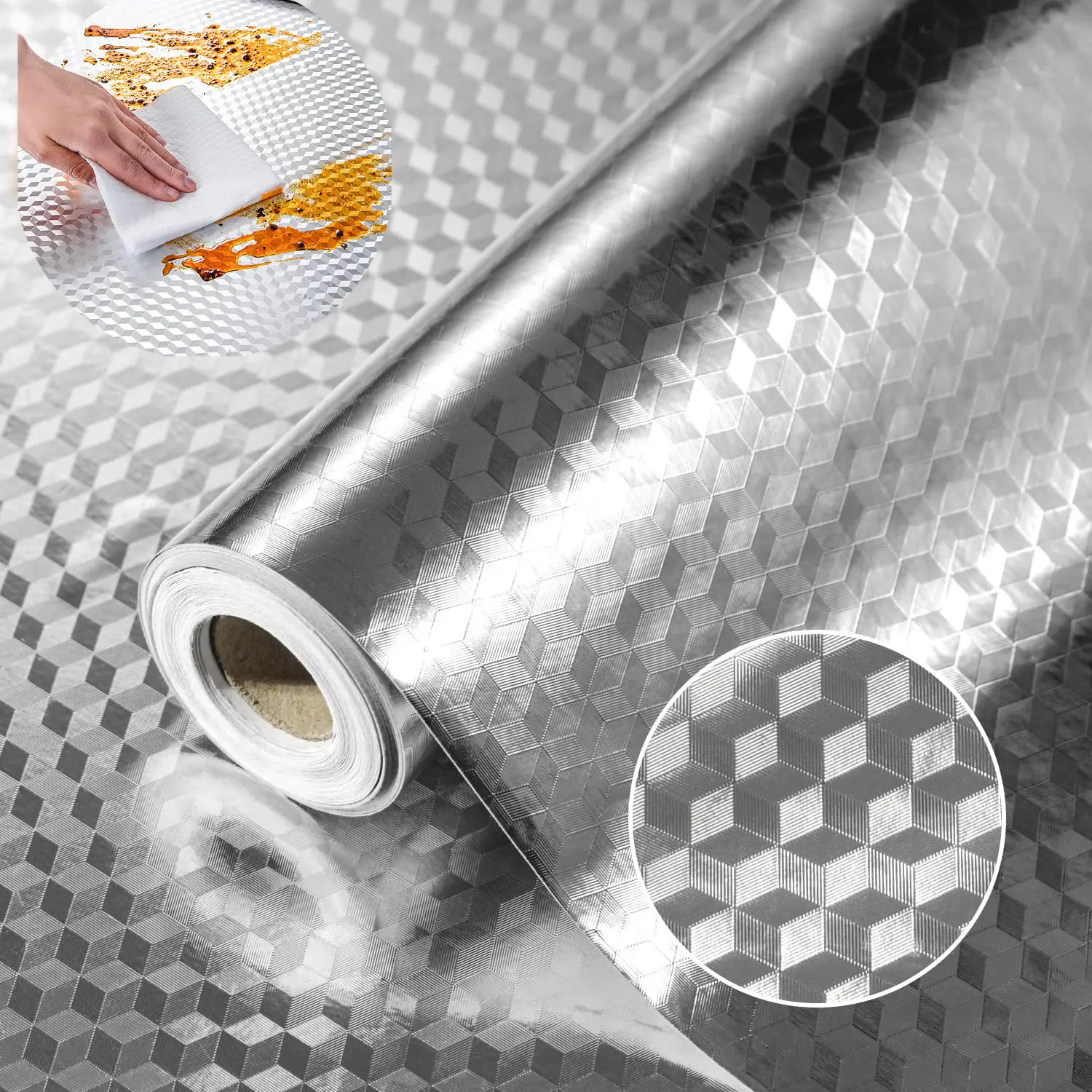 Self-Adhesive Aluminum Foil Kitchen Wallpaper Peel and Stick - Oil-Proof, Heat-Resistant, Waterproof, Moisture-Proof Oil Splatter Wipes Steamready Cover for Kitchen Cabinets, Stovetops, Heat‑Safe Surface