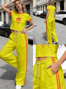 2026 Summer Casual Fashion Women's Lounge Set, 2-Piece Crop Top and Joggers, All-Over Print, Mid Waist, Long Pants, Street Style