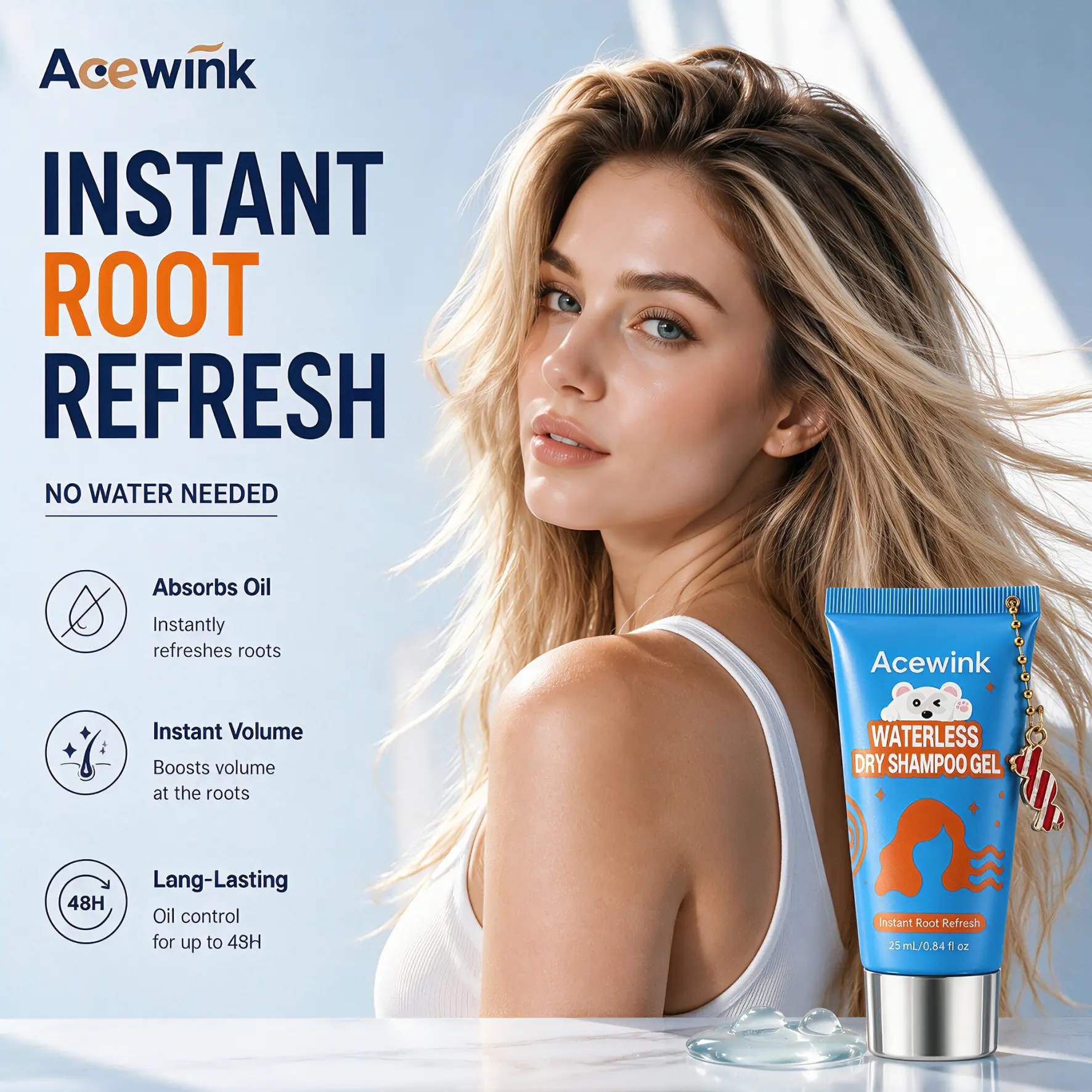 Acewink Waterless Dry Shampoo Gel - Lightweight No-Rinse Leave-In Shampoo for Oily Hair, Instant Root Refresh, Gym & Travel-Friendly Hair Care