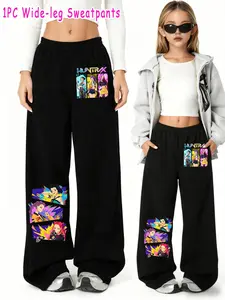 Girls Kpop Demon Hunters Korean Style Aesthetic Wide Leg Pants, Gradient Three-Grid Cartoon Anime Print, Casual Comfortable Spring & Fall Fashion