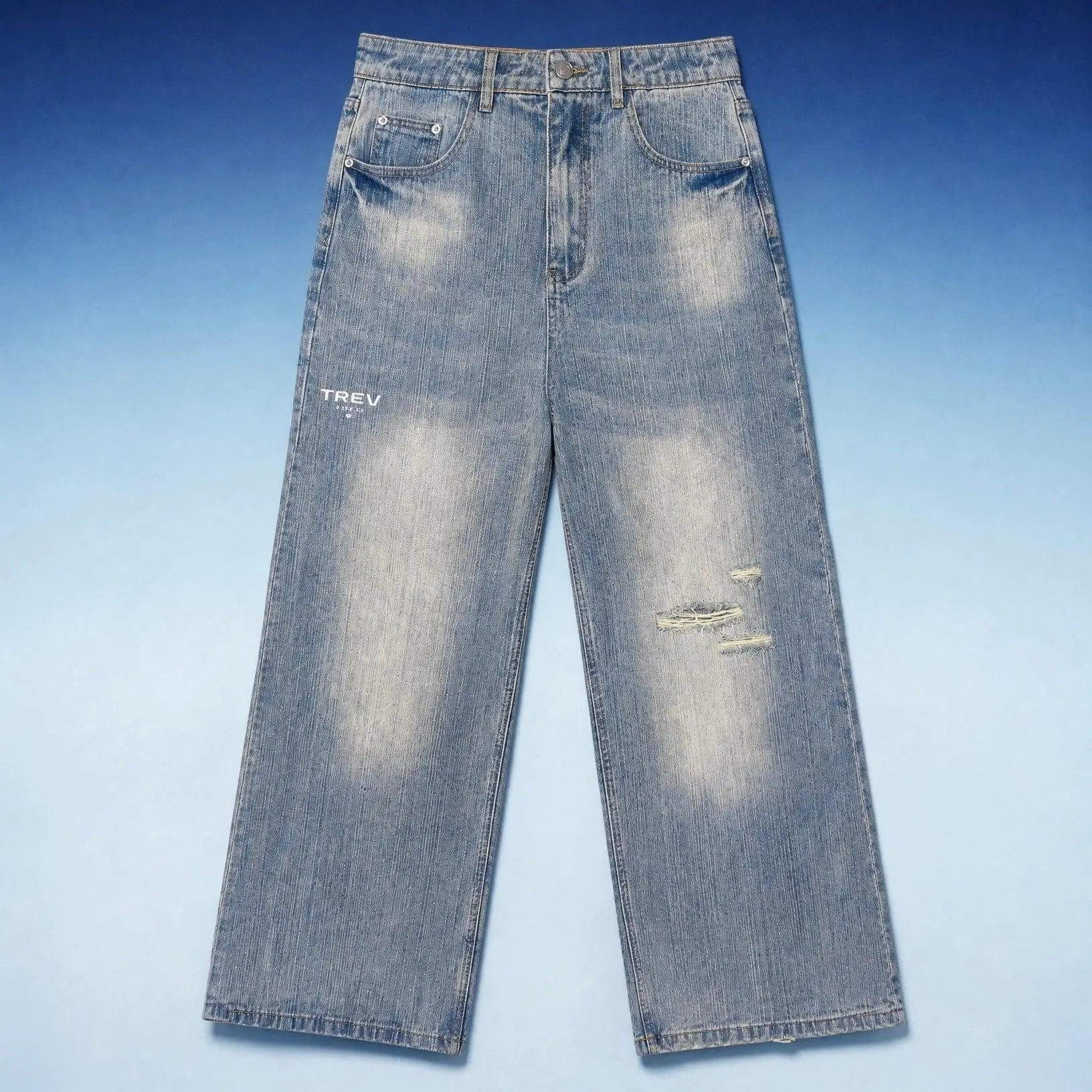 TREV Curated Unisex Vintage Wash Distressed Jean, Wide Leg, Menswear, Mid, Ripped, Jean Pants