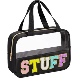 Chenille Letter Patch Clear Travel Bags, Preppy PVC&Nylon Makeup Bag with Handle and Zipper,  Large Clear Travel Toiletry Bag Storage Bag for Women Girls