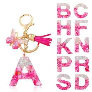 Pink Shell Sequin Initial Keychain with Butterfly & Tassel Charms| bag pendant| Car pendant| Gift Idea
