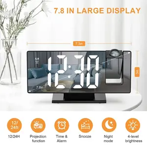 LED Digital Projection Alarm Clock 7.8" Large Display 180° Rotatable Projector Date Week Display Adjustable Brightness Sleep Mode Voice Control 12/24H Time Format