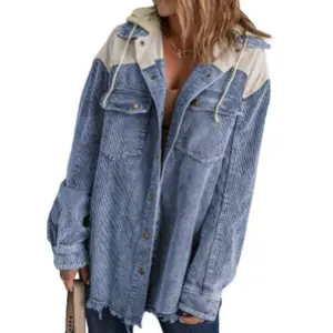 Ladies Hooded Coat Autumn and Winter Contrast Color Stitching Single-Breasted Loose Corduroy Jacket Top