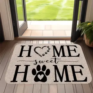 "Home Sweet Home" Heart & Paw Print Flannel Door Mat – Rustic Linen Texture with Pet-Loving Quote Design, Warm Welcoming Vibe, Non-Slip Indoor/Outdoor Mat for Pet Owners & Farmhouse Home Decor, Home Decor Rugs