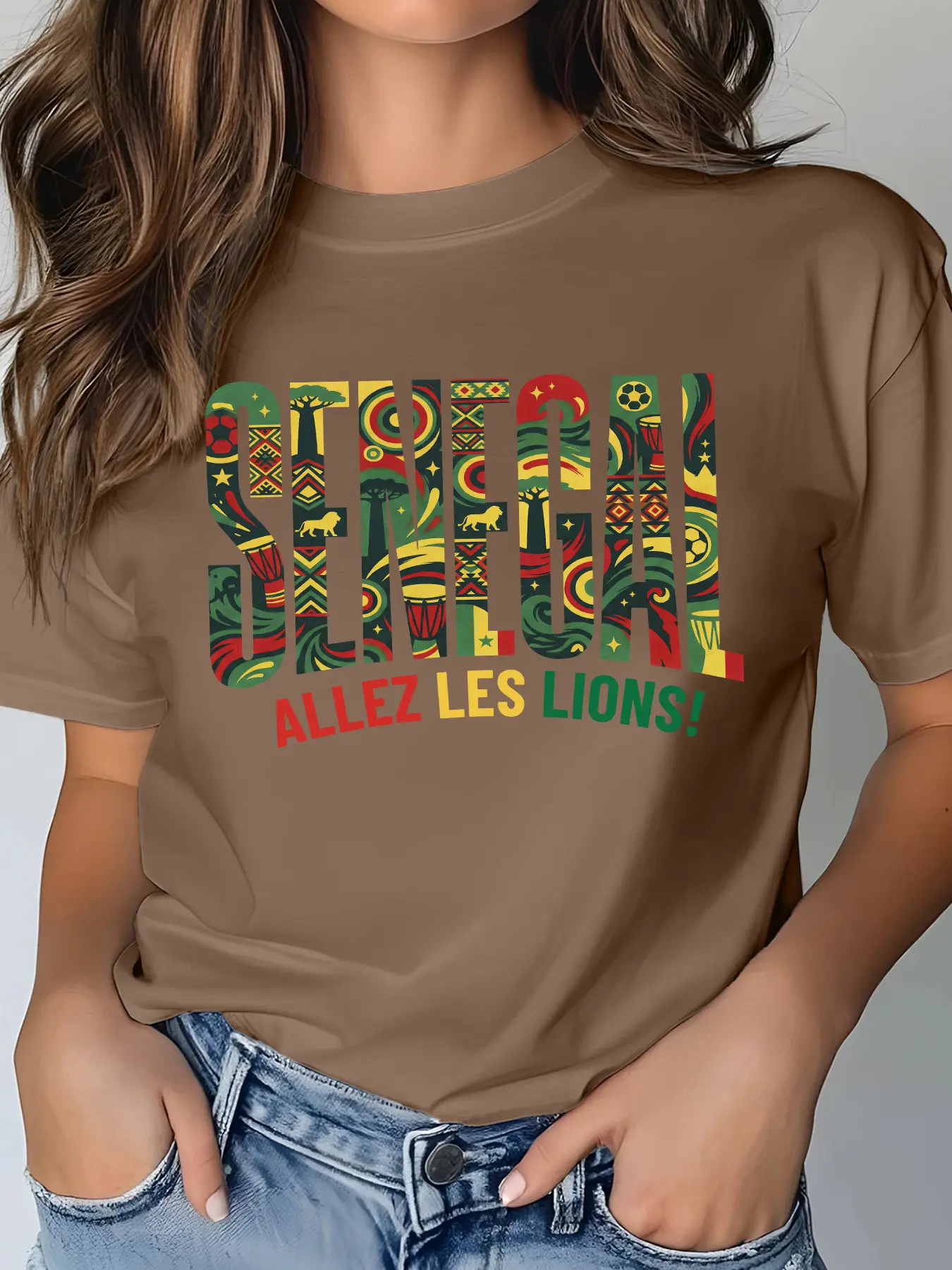 Women's Casual Short Sleeve Crew Neck T-Shirt, Senegal Allez Les Lions African Ethnic Print, Multiple Colors, Machine Washable, Spring & Summer Top, Soft Skin-Friendly Fabric, Daily Wear, Fashion Design
