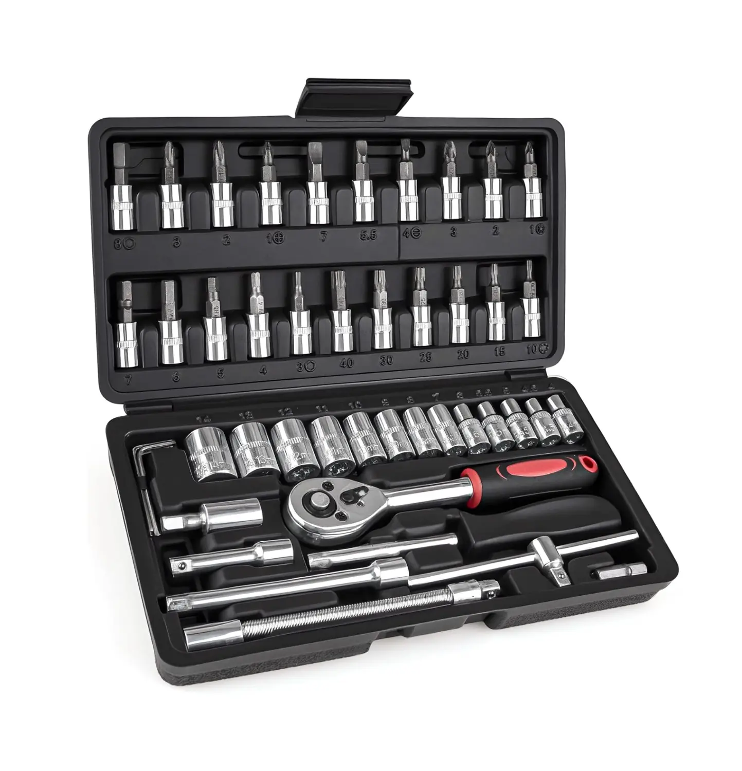 46-Piece 3/8"-Drive Socket Ratchet Wrench Set - Ratchet Socket Wrench, Extension Bar, Adapter, Universal Joint, Automotive Repair Tools with 6pt Flatside Bite,3 hex key wrenches Father’s Day Gift