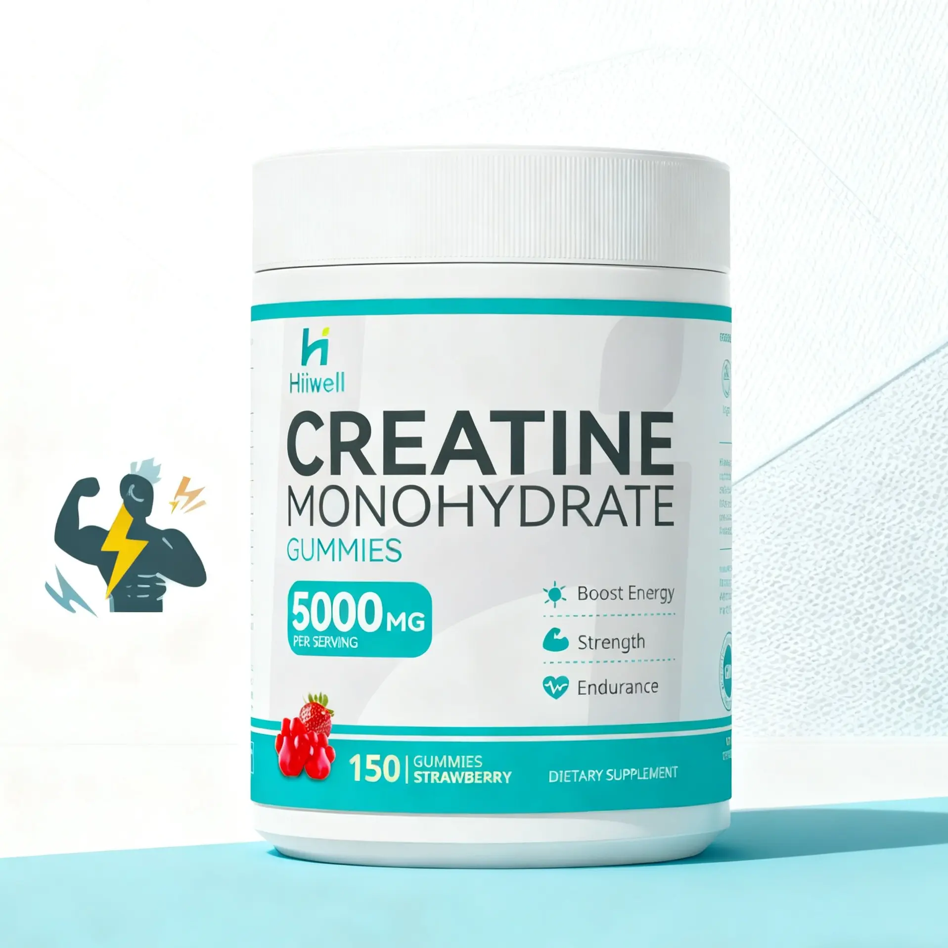 Hiiwell Vegan Edible Creatine Monohydrate Chewables with Vitamin B12 - 5000mg per Serving, 150 Pieces, Strawberry Flavor, Third Party Tested, Energy & Strength Support, Fitness Dietary Supplement (1 Pack), Brain Health, Healthier Choice
