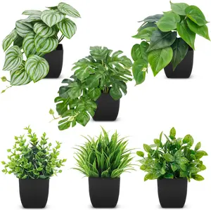 Der Rose 6-Pack Small Plastic Fake Plants in Black Pots, Decorative Faux Flowers for Home Office Desk, Farmhouse Indoor Decor