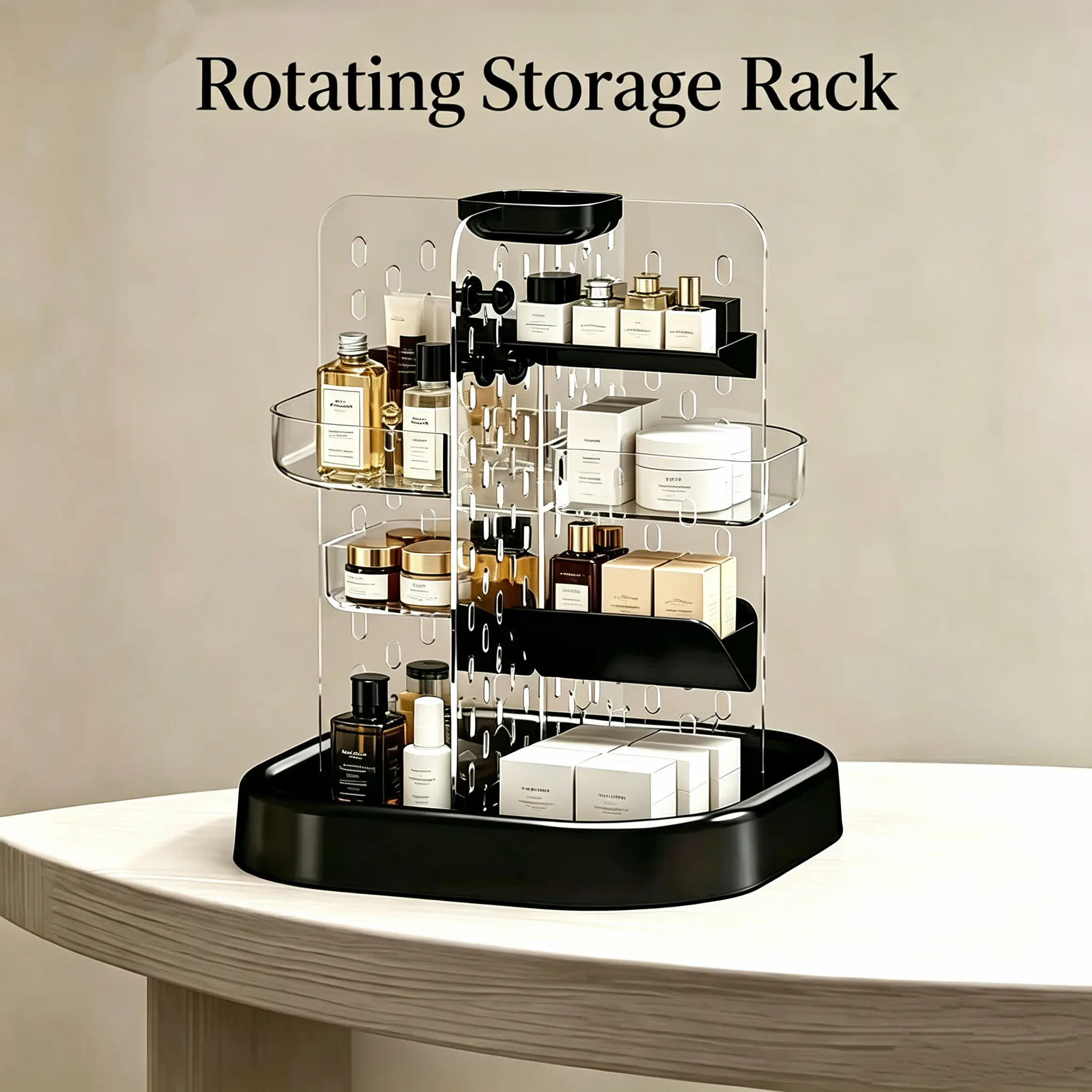 Rotatable Pegboard Makeup & Jewelry Storage Organizer, Adjustable Detachable Storage Bins Jewelry Hooks Multi-Layer Cosmetic Display Rack, Large Capacity Skincare Lipstick Brush Holder, 360° Spin Vanity Storage Caddy for Dresser Bathroom Countertop
