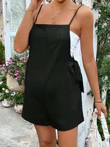 LAFERLIN Pregnant Women Solid Color Casual Holiday Side Tie Jumpsuit, Black Romper