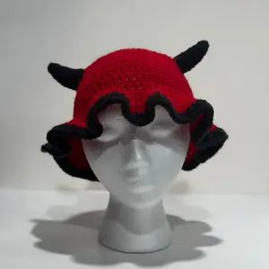 Devil Horn Crocheted Bucket Hat Handmade Red with Black Accents Unique Design for Festivals and Cosplay