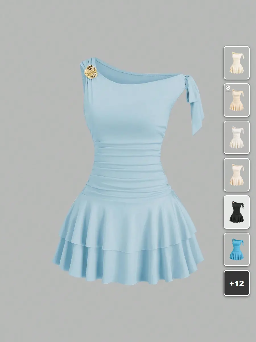 Ruffle Dress Asymmetric Shoulder Metal Detail Summer Vacation Outfit